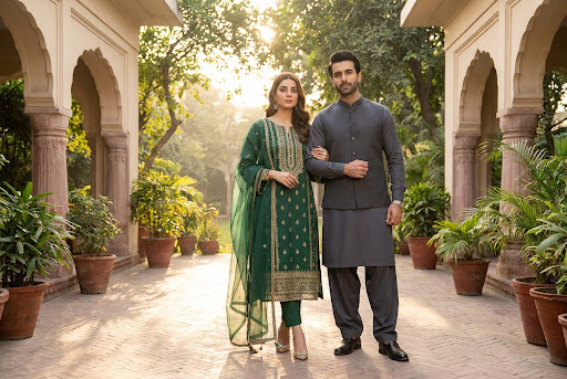 Sophisticated Pakistani couple in elegant Eastern wear by Al Araf