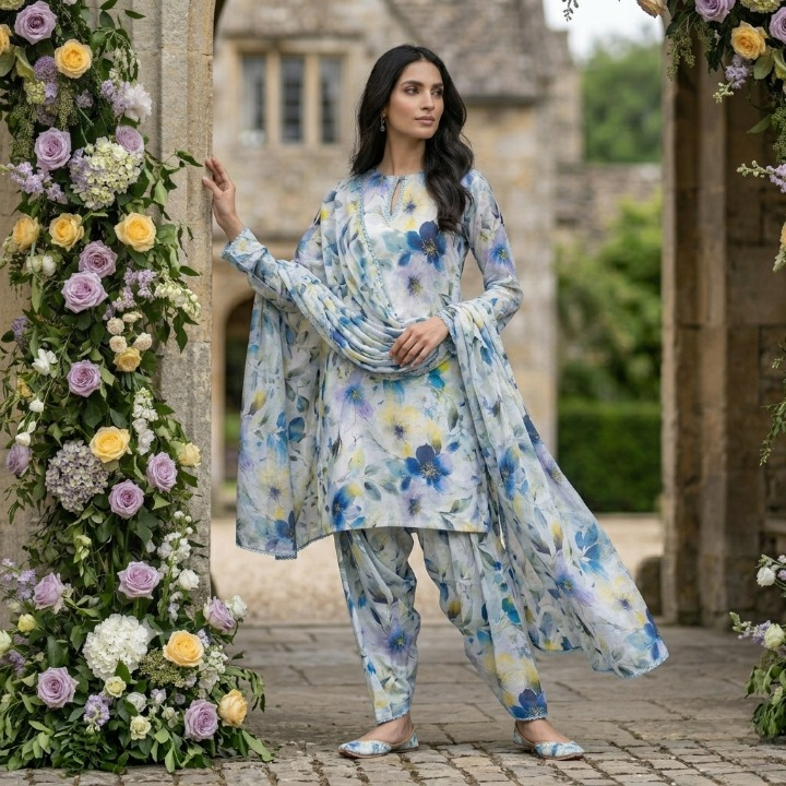 Watercolor Azure Floral Lawn alt