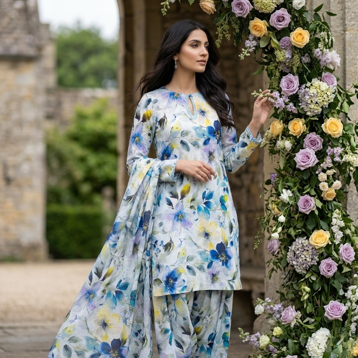 Watercolor Azure Floral Lawn